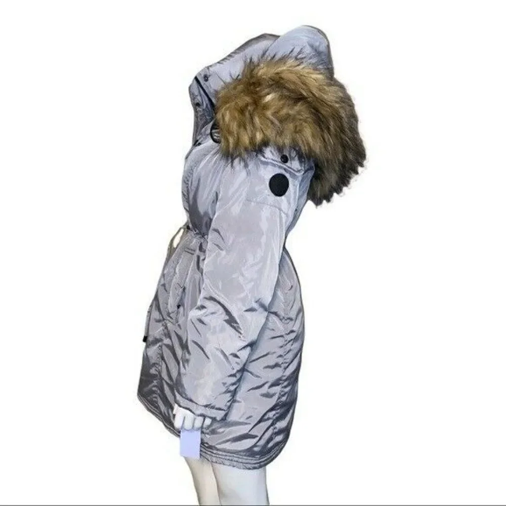 Madden Girl Juniors Silver Grey Faux Fur Trim Hooded Anorak Parka Coat Small NWT